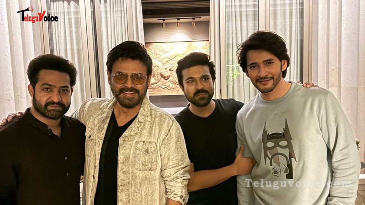 Ram Charan, Jr NTR, Mahesh Babu, and Venkatesh are celebrating together. teluguvoice