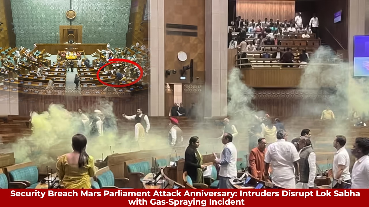 Security Breach Mars Parliament Attack Anniversary: Intruders Disrupt Lok Sabha with Gas-Spraying Incident teluguvoice