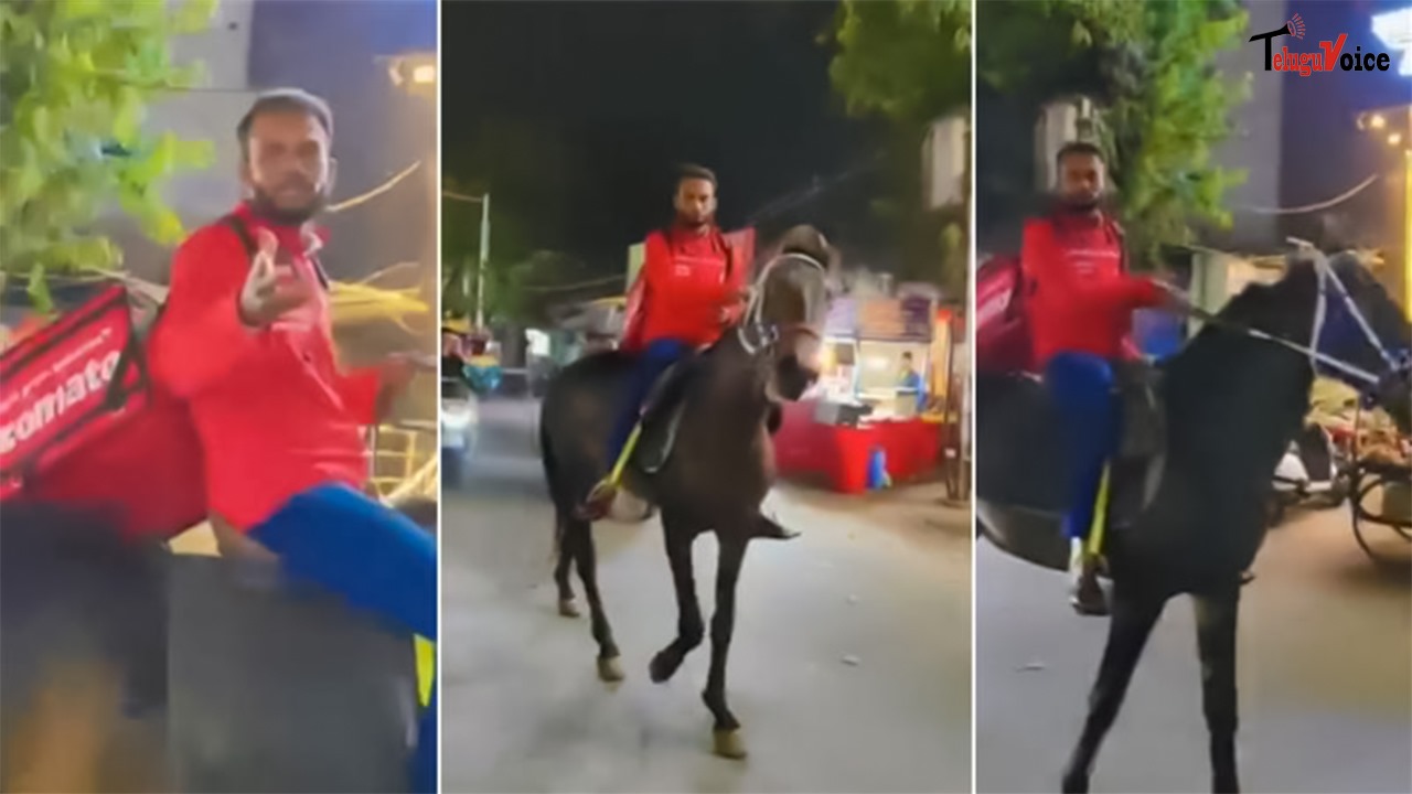 Zomato Delivery Rider Gallops on Horseback Amid Fuel Shortages in Hyderabad teluguvoice