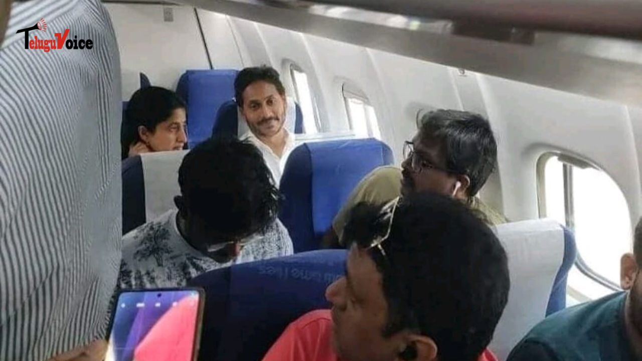 Jagan is seated in a passenger jet.  teluguvoice