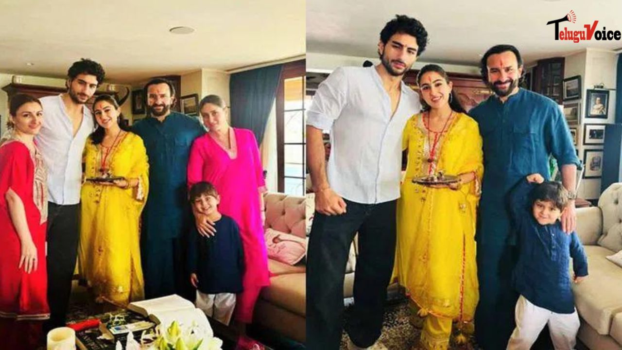 Sara Ali Khan poses with Saif and Kareena while tying Rakhi to Ibrahim and Jeh.  teluguvoice